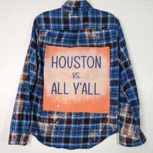 Houston Vs All Y'All Small Flannel Shirt Blue Plaid Bleached Patch Button Up